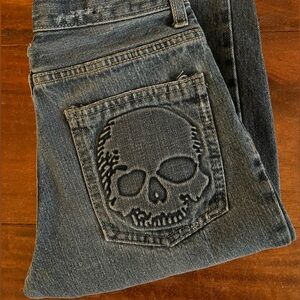 Boys’ Skull Embossed Straight Jeans Size 8 Cherokee Distressed EUC Skeleton